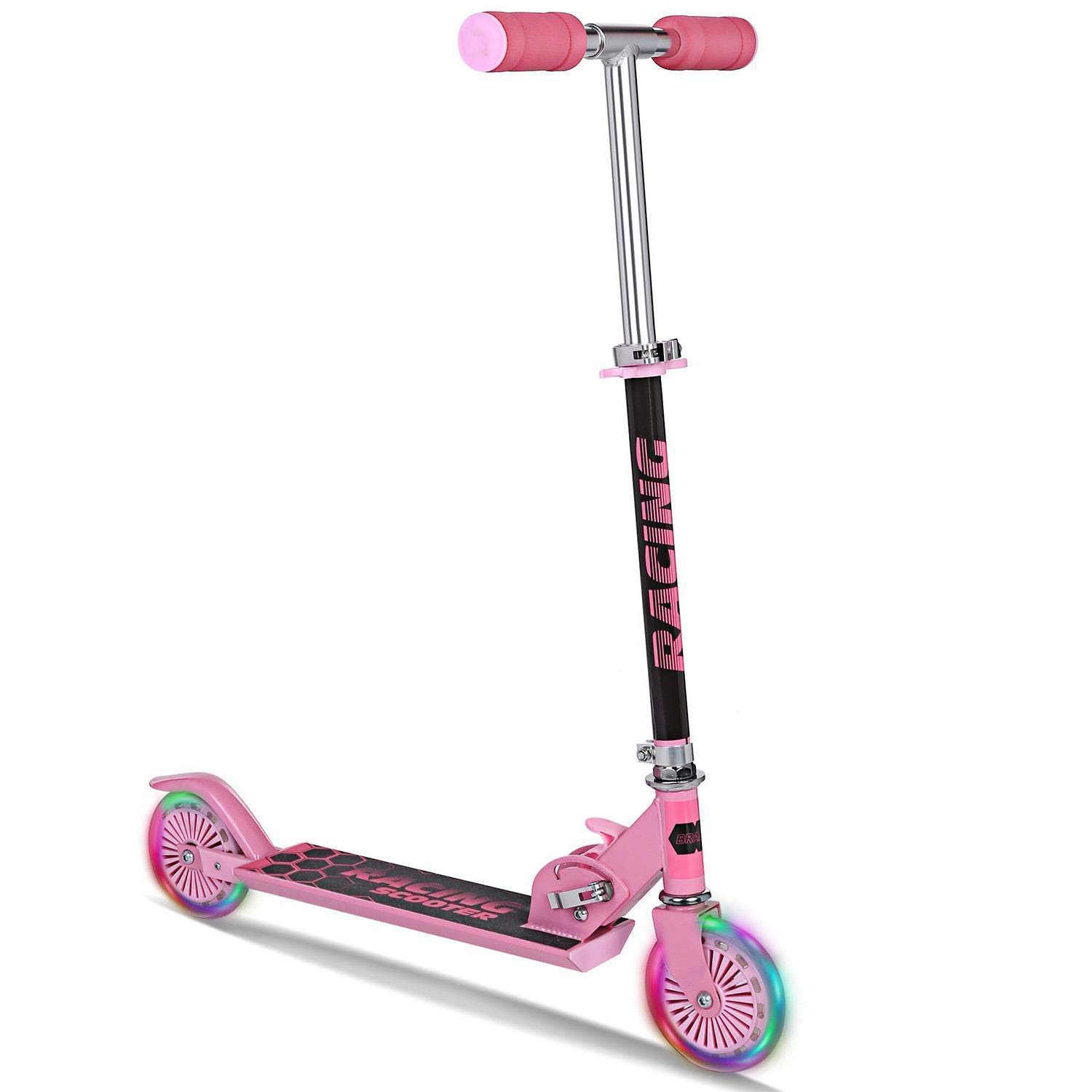 Mini Kick Scooter with Light Up Wheels, Adjustable Height Folding Scooters for Kids Xmas Gifts, Ages 3-17 Years (US Stock) (Pink)