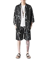 Ambcol Men's Japanese Style Kimono Tops Shorts Sets