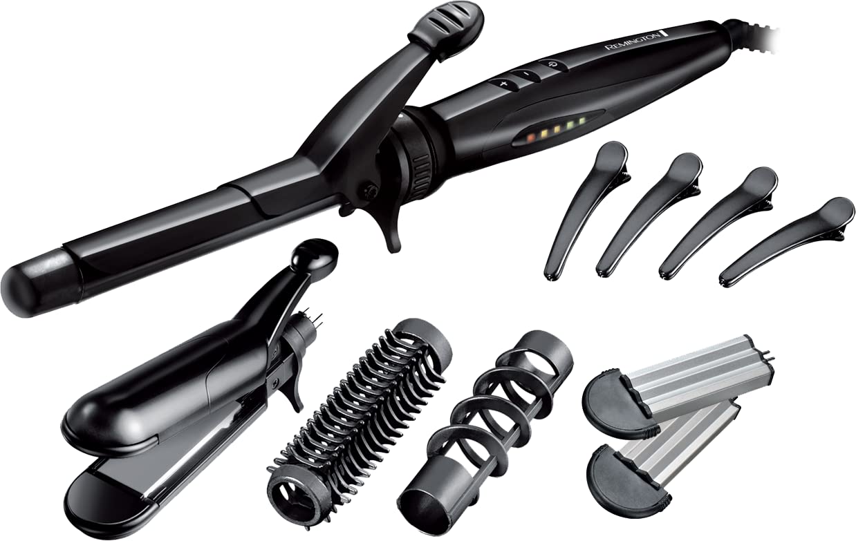 Remington S8670 Multi-Style Includes Reversible Styling Plates, 19 mm Curling Tong, Round Brush and Spiral Curling Attachment, Hair Clips, Black