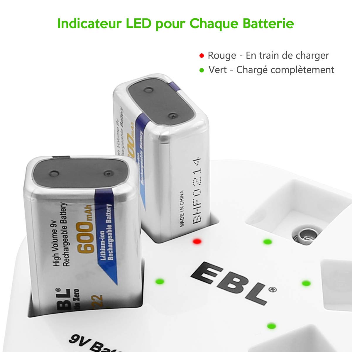 EBL chargeur de batteries rechargeables 9V lithium avec 5 slots de charge pour les piles 9V en lithium