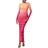 PRETTYGARDEN Womens Long Sleeve Maxi Dresses 2026 Spring Ruched Bodycon Floral Mesh Formal Wedding Guest Cocktail Party Dress