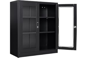 LISSIMO Metal Storage Cabinet with Lock, Office File Cabinet with Acrylic Doors and Adjustable Shelves,Display Case for Home Office Hospital (Black)