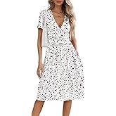 NILOUFO Women's Summer Short Sleeve Casual Dress Wrap V Neck Party Midi Dresses with Pockets