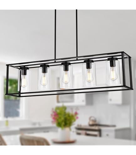 Titania 8-Light Linear Chandelier – 44” Length, Brushed Nickel & Black Two-Tone Metal, Open Cage Design For Kitchen Islands, Dining Rooms & Game Rooms