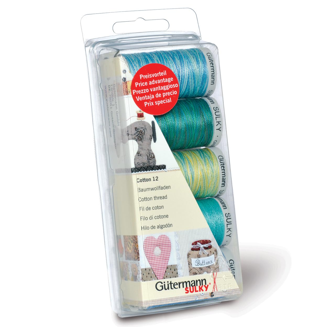 Gutermann Thread Set: Machine Embroidery Cotton 12-Aqua, 100%