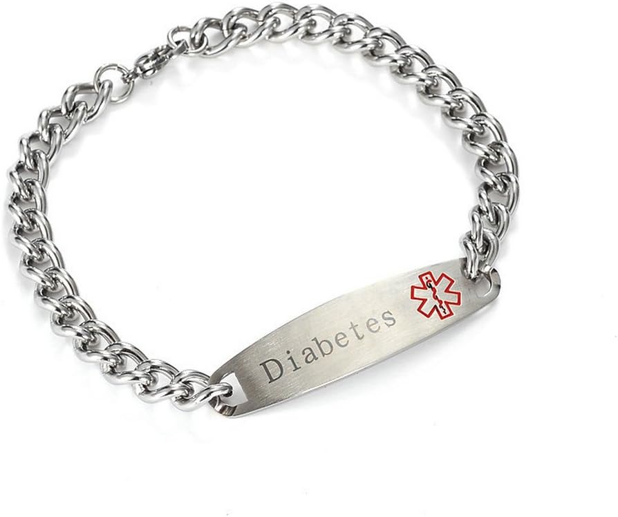 Medical Bracelet Alert ID Dogtag Stainless Steel Bracelets with "Diabetes" for Diabetic Men and Women Patient