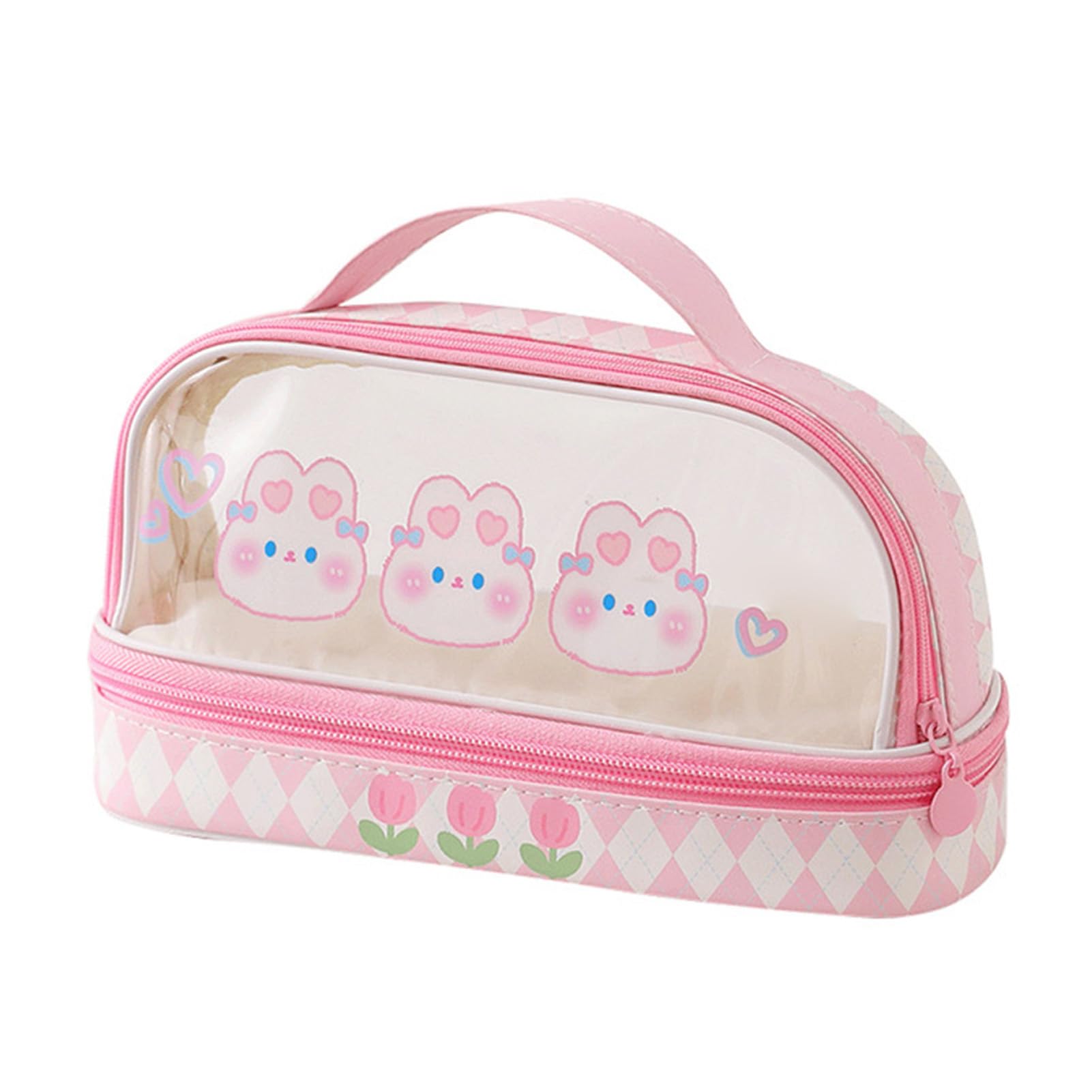 Qcwwy Large Capacity Transparent Pencil Case Bag, Waterproof Cartoon Cute Stationary Bag with Zipper, Convenient for School Students, Makeup Travel (Pink Bunny Rabbit)