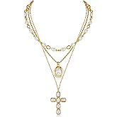 ENSKEFEN 3Pcs Pearl Cross Necklace Set for Women Stackable Vintage Pearl Choker Cross Pendant Necklaces Fashion Gold Chain Necklace
