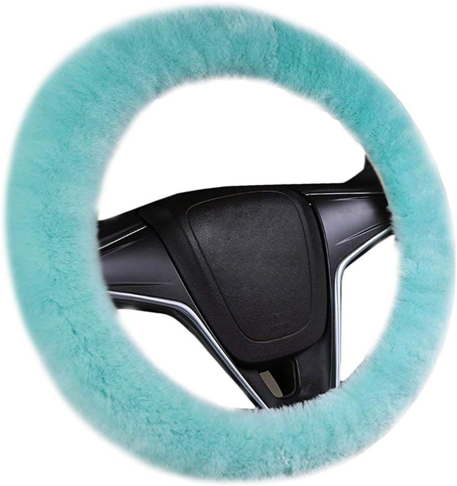 Genuine Sheepskin Wool Steering Wheel Cover - Fluffy Plush Winter Warm Keeper Wheel Protector Universal 36 38 40cm / 14" 15" 16" (Mint Green)