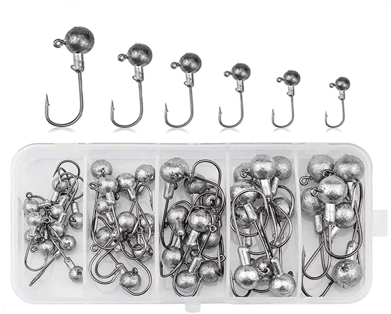 45 pcs Fishing Hooks，Fishing Hooks Kit，with Round Jighead for Bass Trout with Plastic Box or Saltwater Freshwater Fishing.