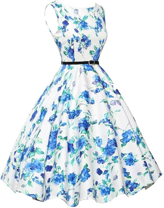 Amazon Co Jp レディース ワンピース レトロ ヘプバーン風 花柄 无袖 リボン Oネック フリル ロング ハーウェスト タイト Aライン エレガント チュニック 着痩せ 可愛い おしゃれ 人気 セクシー ファッション ワンピースクラシック風レディース服1950年代の綺麗な