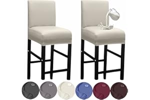 HFCNMY Bar Stool Covers,2 Pack Stretch Waterproof PU Bar Stool Covers with Backs Bar Stool Chair Covers Barstool Covers Slipcovers with Back Pub Counter Stool Chair Covers with Elastic Bands Beige