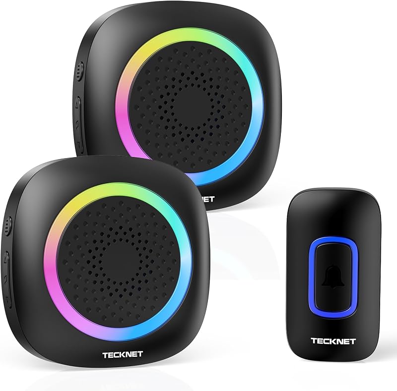TECKNET Wireless Doorbell 2 Receivers 1300ft IP66 Waterproof 60 Chimes RGB