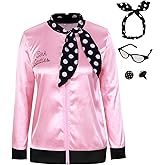 KASOYA 1950s Women Lady Pink Satin Jacket Halloween Cosplay Costume Coat with Neck Scarf