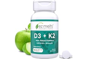 EZ Melts Dissolvable Vegan Vitamin D3 + K2 5,000 IU - Bone & Heart Health Support - Immune Function Support - No Artificial Flavors - Non-GMO - Green Apple - 90 Dissolvable Tablets (90 Servings)