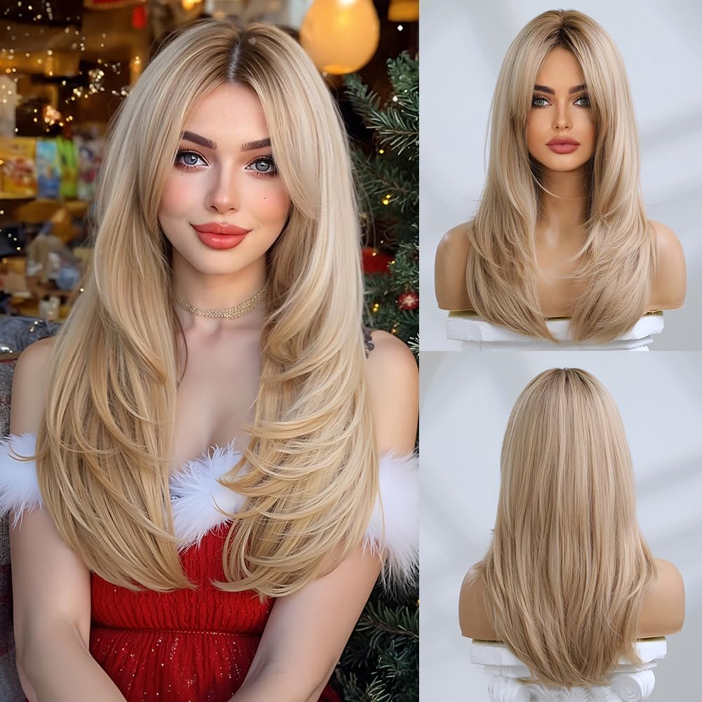 Esmee Long Straight Blonde Wigs for Women Layered Synthetic Hair Ombre Wig with Dark Roots for Daily Party Cosplay Wear -20 Inches — image 1