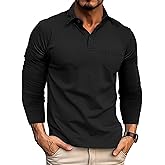 Mens Casual Long Sleeve Polo Shirts Button Basic T-Shirt Solid Cotton Golf Tops with Pocket