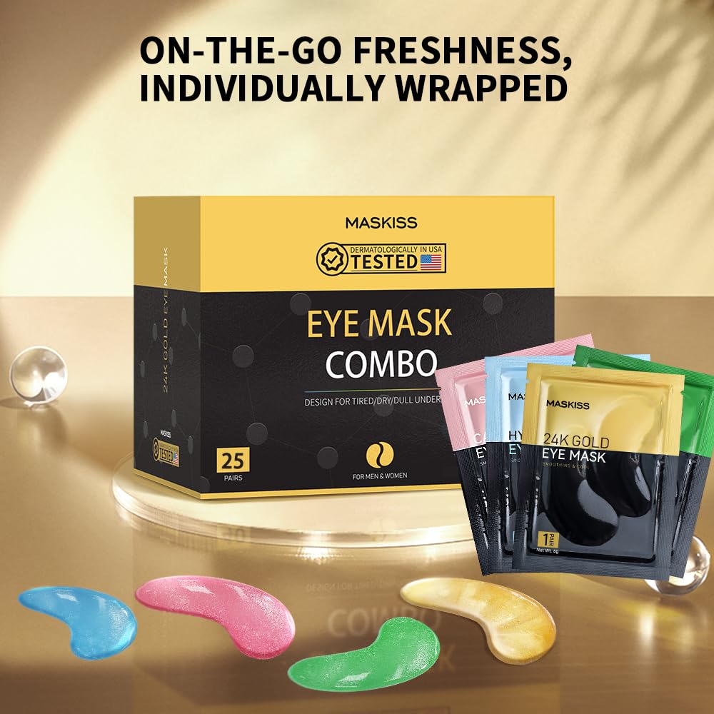 Maskiss Under Eye Patches(25 Pairs), 24K Gold, Caffeine, Hyaluronic Acid, Aloe Vera Eye Masks for Dark Circles Puffy Eyes Undereye Bags, Eye Skin Care Gift Set for Bachelorette Party Favors