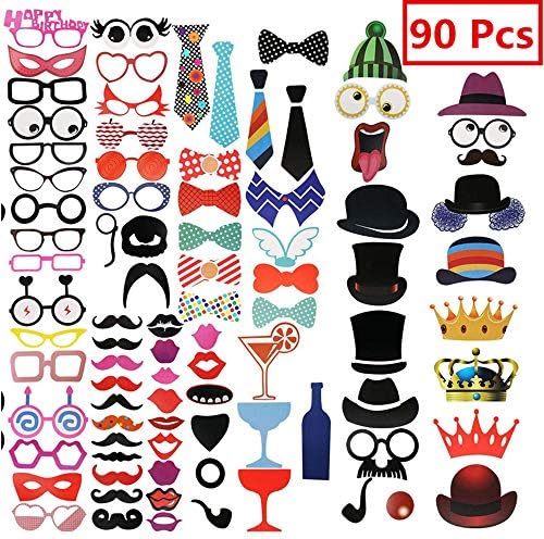 90 Pack Photo Booth Props for Wedding Graduation Birthday,DIY Accessories Decoration Supplies Costume Mustache Hat Glasses Tie for Holiday Party Christmas Halloween