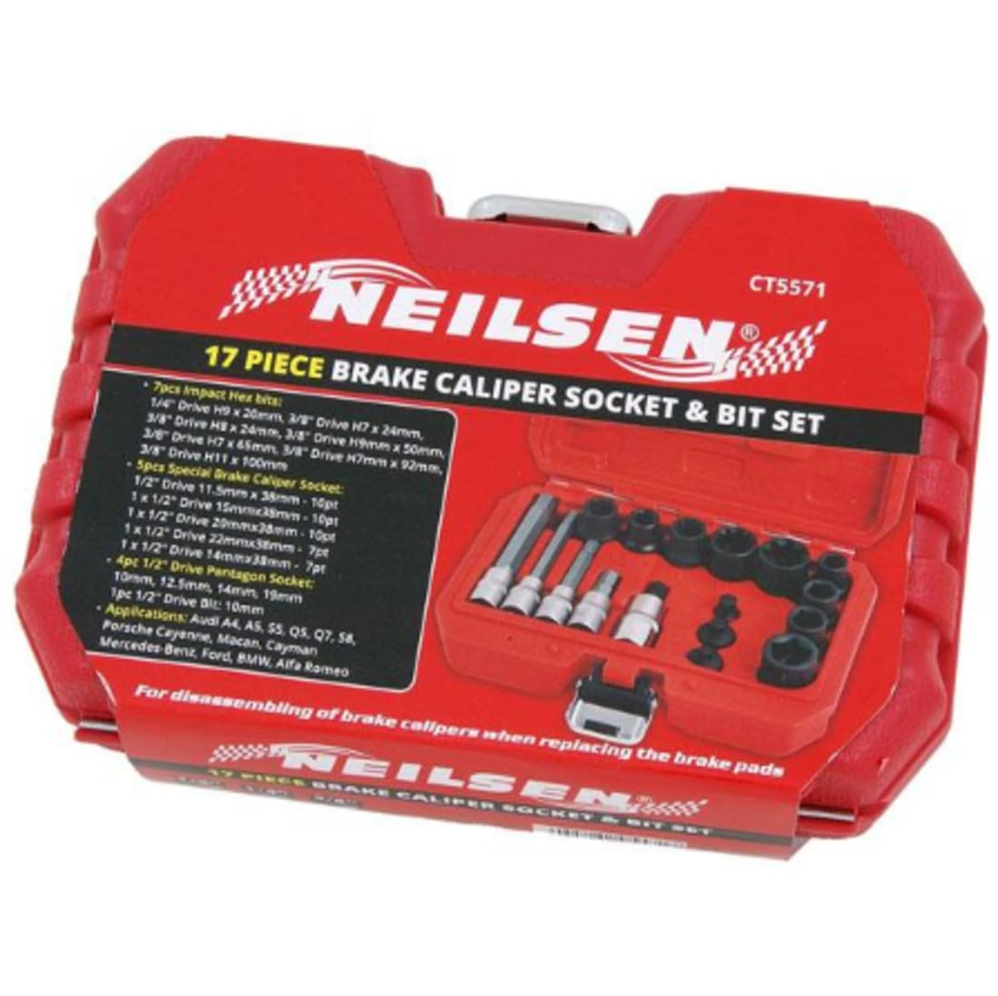 Neilsen CT5571-17pc Brake Calliper Socket & Bit Set | Impact Hex Bits 1/4 & 3/8" | Pentagon 1/2" Bit & Sockets | Ideal for disassembling Brake Calliper | Compatible with Audi, Compatible with Porsche