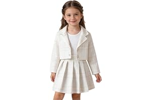 Lorilida Girls Tweed 3 Piece Outfit Set Stylish Pearl Button Jacket and Skirt Tank Shirt Plaid Suit School Party Outfits