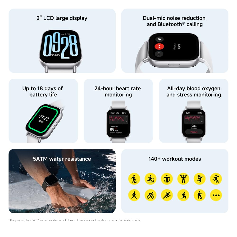 Redmi Watch 5 Active Smartwatch, 2.0 Inch LCD Display, 18 Day Battery, 140+ Sports Modes, Heart Rate and SPO₂ Tracking, 5ATM Waterproof, Bluetooth Calls, Fitness Tracker, Sleep Monitor - Black, black