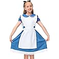 BesserBay Girls Halloween Ruffle Trim Tie Waist Blue Dress with White Apron Black Headband 4-12 Years