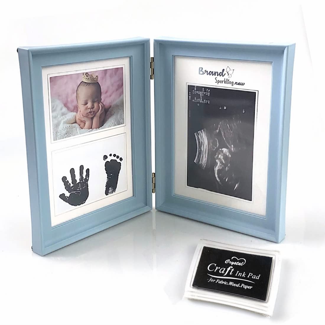 Baby Scan Sonogram Picture Frame Newborn Triple Ultrasound Photo Frame Baby Monthly Growth Milestone Picture Frame Memorable Handprint Frame Pregnancy Keepsake New Parents Gift Box Decorations (Blue)