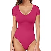 YOGINGO Womens V Neck Bodysuit Short Sleeve Bodysuits For Women Sexy Going Out Thong Body Suit Tops Shirts Basic Clothing Tank Leotards Jumpsuits Bustier Tops Curvy Dupe Tummy Control Red Large