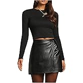 MakeMeChic Women's PU Leather Mini Skirt High Waist Wrap Button Business Bodycon Skirts