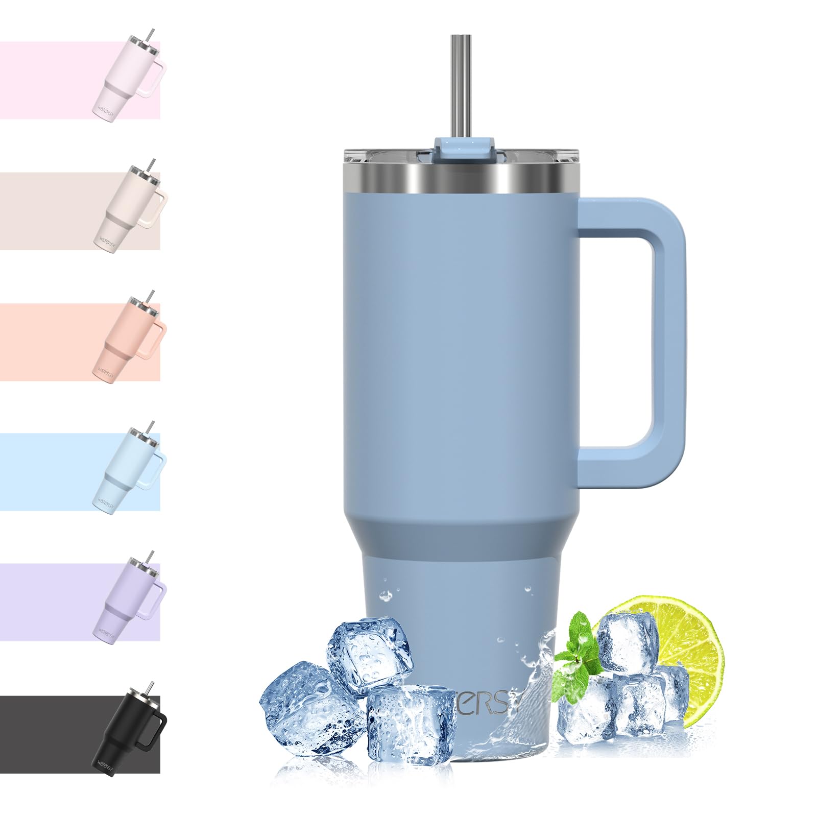 WATERSY Travel Mug Coffee Cup 40oz Tumbler Straw Lid and Handle, Stainless Steel Double Wall Vacuum Insulated Coffee Water Bottle Thermal for Cold Hot Coffee 1182ml Smog Blue
