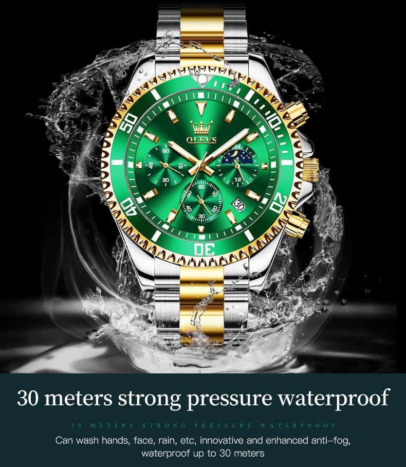 OLEVS Watches for Men Classic with Date Business Dress Luxury Big Face Green/Black/Blue Waterproof Luminous Mens Wrist Watch Analog Two Tone Stainless Steel Men Watch