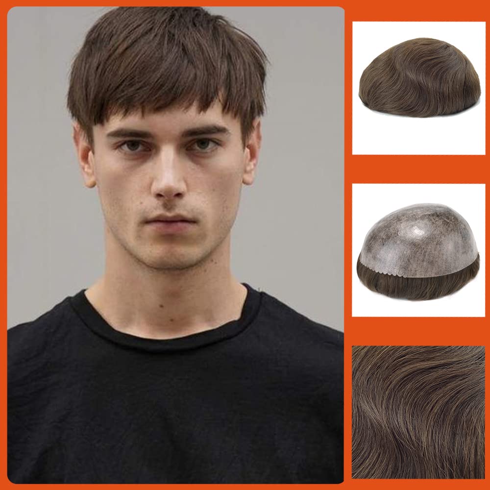 Zakya Hair System for Men Thin Skin Men's Toupee 100% Human Hair Men's Hairpieces 8x10 Inches Base Size Hair Replacement System for Men (Medium Brown 5#) — image 1