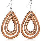 Boho Natural Wood Teardrop Geometric Lightweight Drop Circle Earrings Handmade Natural Retro Bohemia Retro Teardrop Earrings for Women
