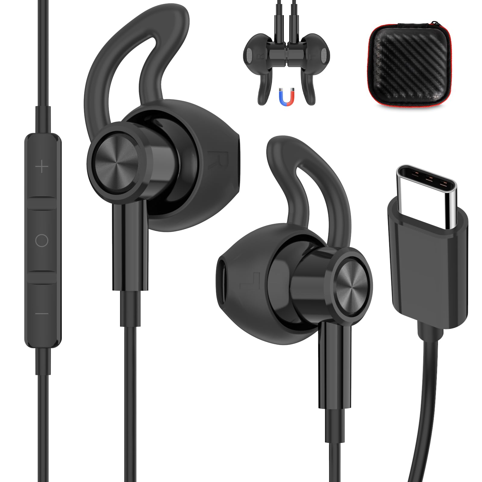 Photo 1 of iMangoo for Apple iPhone 15 16 Headphones Wired USB C with Anti-Fall Ear Buds Tips Microphone Type C Earphone Corded Earbud Home Office Meeting Call Gym Workout Travel for Samsung S25 S24 Ultra Black