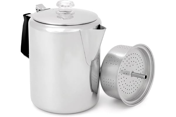 GSI Outdoors Percolator Coffee Pot I Glacier Stainless Steel with Silicone Handle for Camping, Backpacking, Travel, RV & Hunt