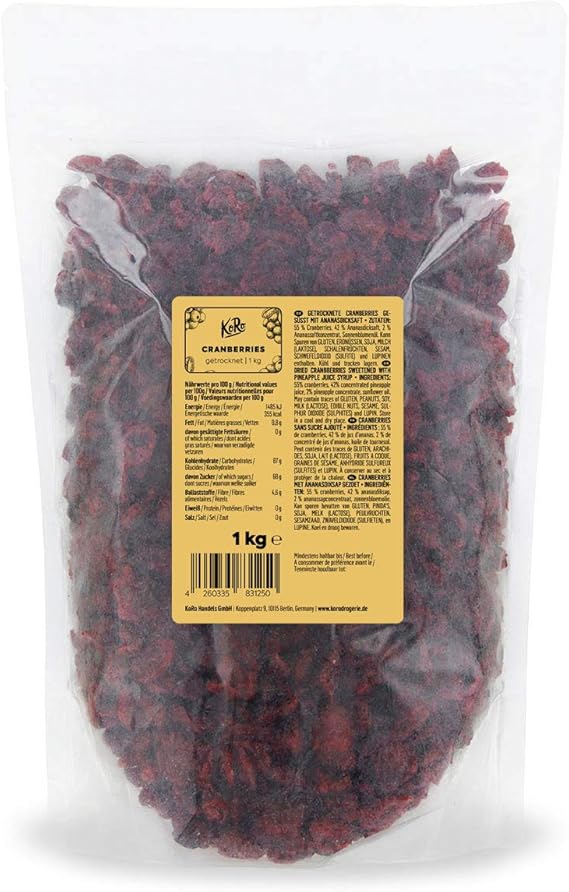 Koro Dried Cranberries 1 Kg Refined Sugar Free Sweetened With Pineapple Juice Unsulphured Amazon Co Uk Grocery