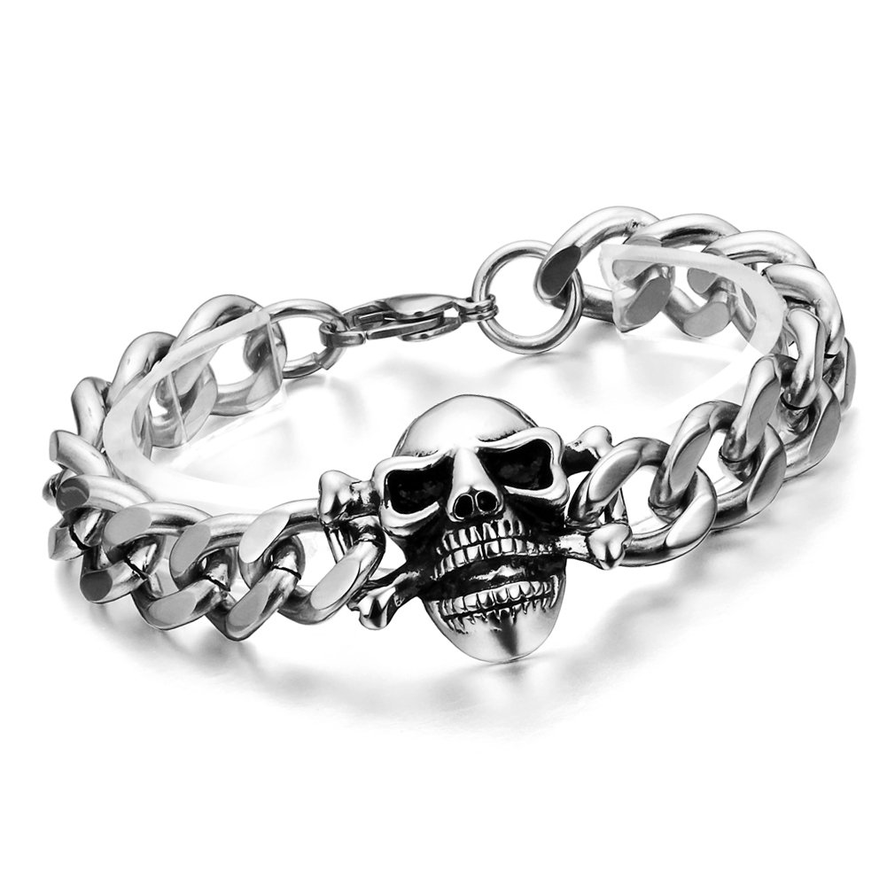 Cupimatch Mens Punk Biker Gothic Skull Solid Stainless Steel Curb Chain Link Bracelet, 8.3 Inch