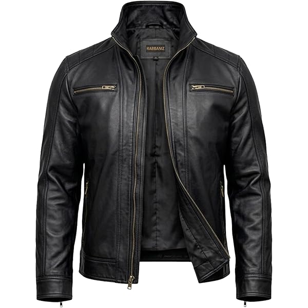 HIGOBO Black Rivet Mens Leather Genuine Cow Hide Leather Jacket