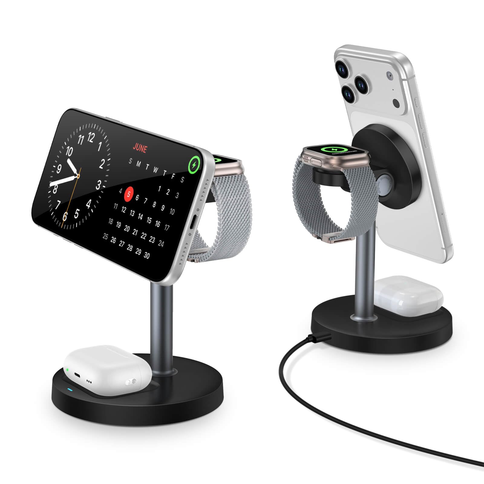 Photo 1 of 3 in 1 Magnetic Wireless Charging Station, 15W Fast Charger Stand for iPhone, Phone Charger Stand for Desk Nightstand, for iPhone 17/16/15/14/13/12, Apple Watch & AirPods, 18W Adapter Included -Black