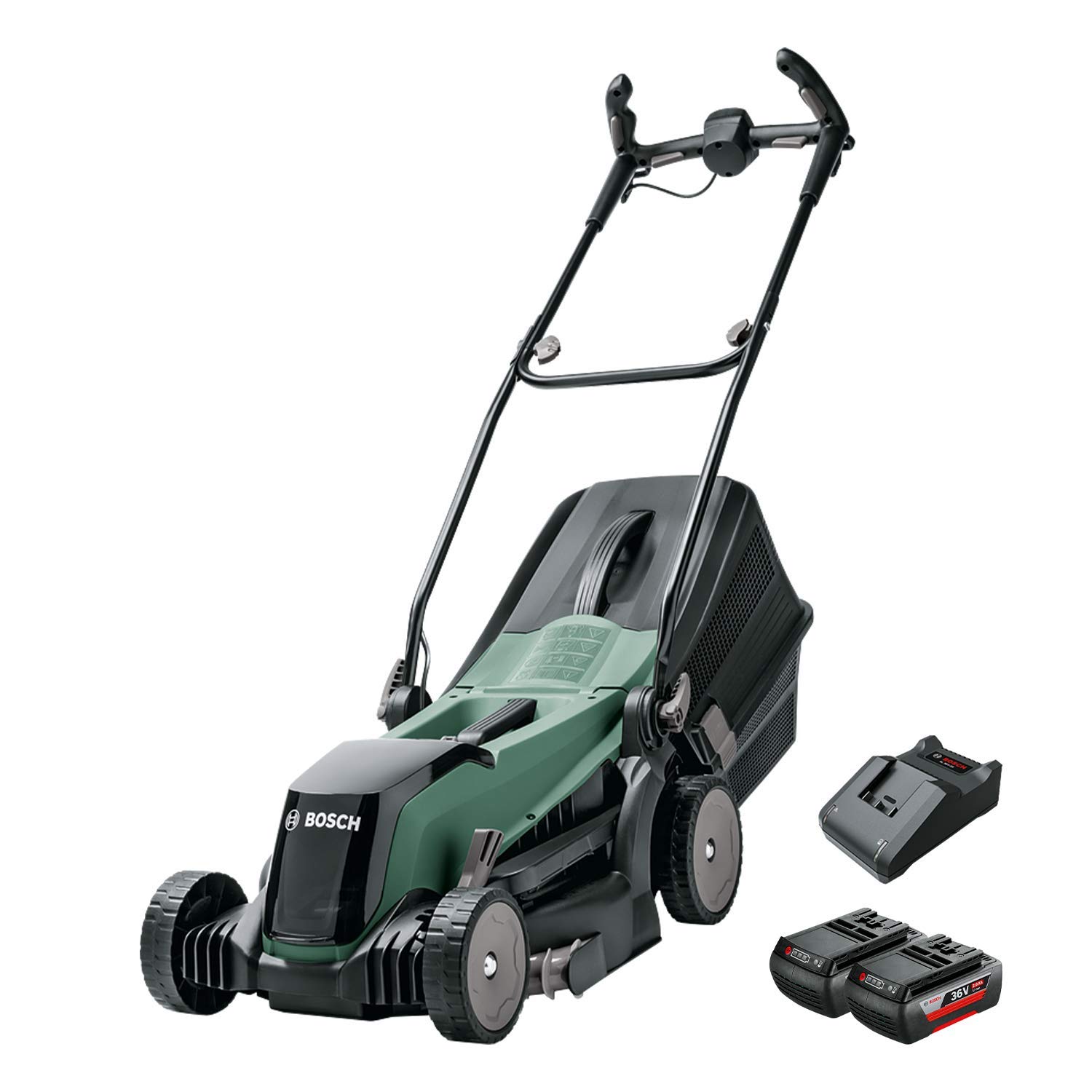 Bosch Cordless Lawnmower EasyRotak 36-550 (2 x 36 Volt 2.0 Ah Batteries, Brushless Motor, Cutting Width: 37 cm, Lawns up to 550 m2, Height of Cut: 25-70 mm, Weight: 15 kg, in Carton Packaging)