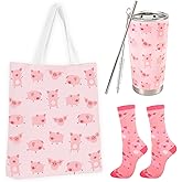 CIXICM Pig Gifts, Including 20 oz Stainless Steel Pig Tumbler with Lid and Straw, Reusable Pig Tote Bag & Pig Socks, Cute Pig Print Gifts, Birthday Gifts for Pig Lovers Women Girls (Pink)
