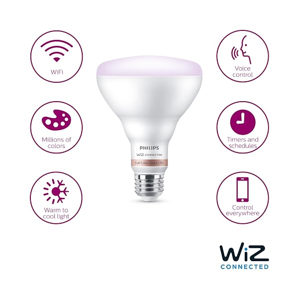 PHILIPS SMART 65W BR30 COLOR LED SMART BULB 4-PACK -E26- INDOOR – CONNECTS TO YOUR EXISTING WI-FI – CONTROL WITH VOICE OR APP + ACTIVATE WITH MOTION – MATTER COMPATIBLE