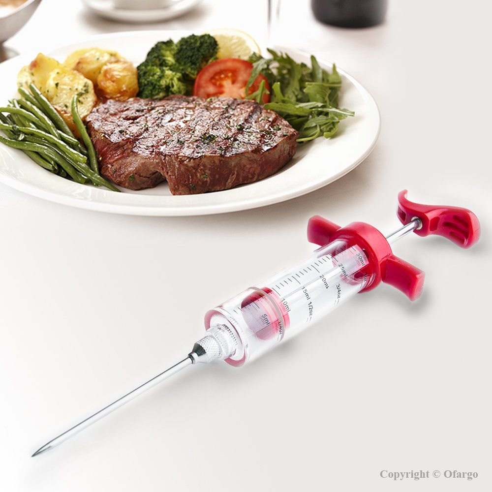 Ofargo Plastic Marinade Injector Syringe with Screw-on Meat Needle for BBQ Grill, 1-oz, Red, Recipe E-Book