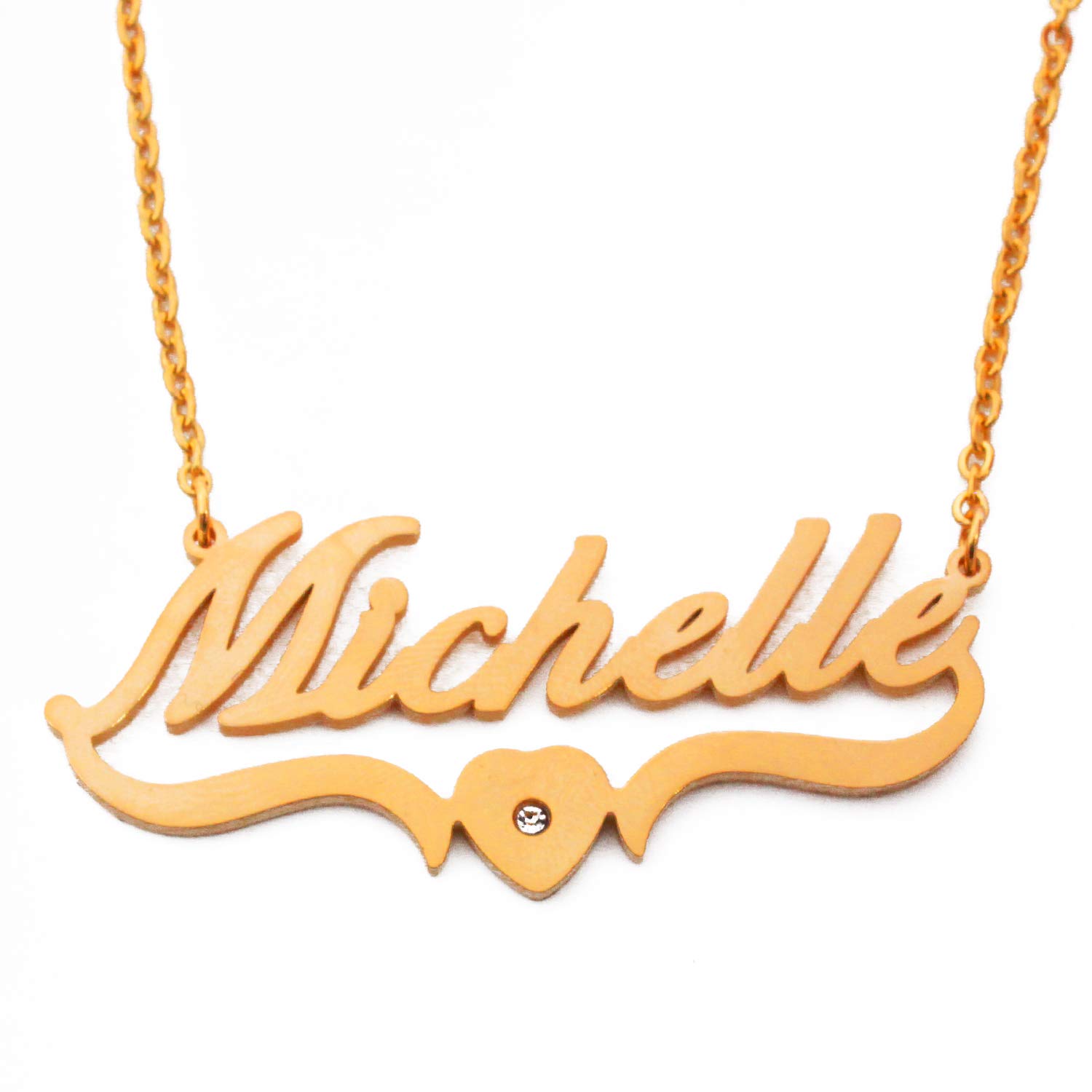 Kigu Michelle Name Necklace Heart Shaped Personalised Gold Plated, Custom Dainty Name Pendants, Jewellery for Ladies, Girlfriend, Mother, Sister, Friends Inc Bag & Box