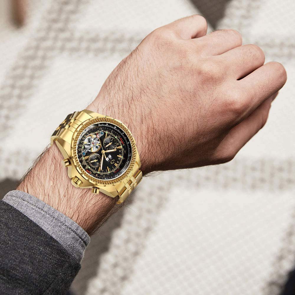 Gute Mens Watches, Mechanical Automatic Stainless Steel Waterproof Watch for Men, Luxury Big Face Multi Functional Tourbillon Calendar Wristwatch