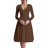 Kaximil Women's Long Sleeve V Neck A Line Elegant Midi Dress Ruffle Flowy Wedding Guest Party Cocktail Dresses