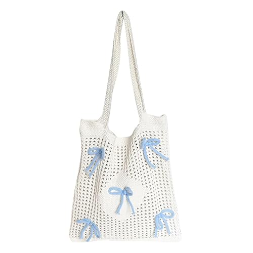 Beach Bag Crochet Tote Bag Bow Mesh Beach Bags for Women Polyester Shoulder Bags Women Girls Handbag for Holiday Summer Beach Shopping (Blue)