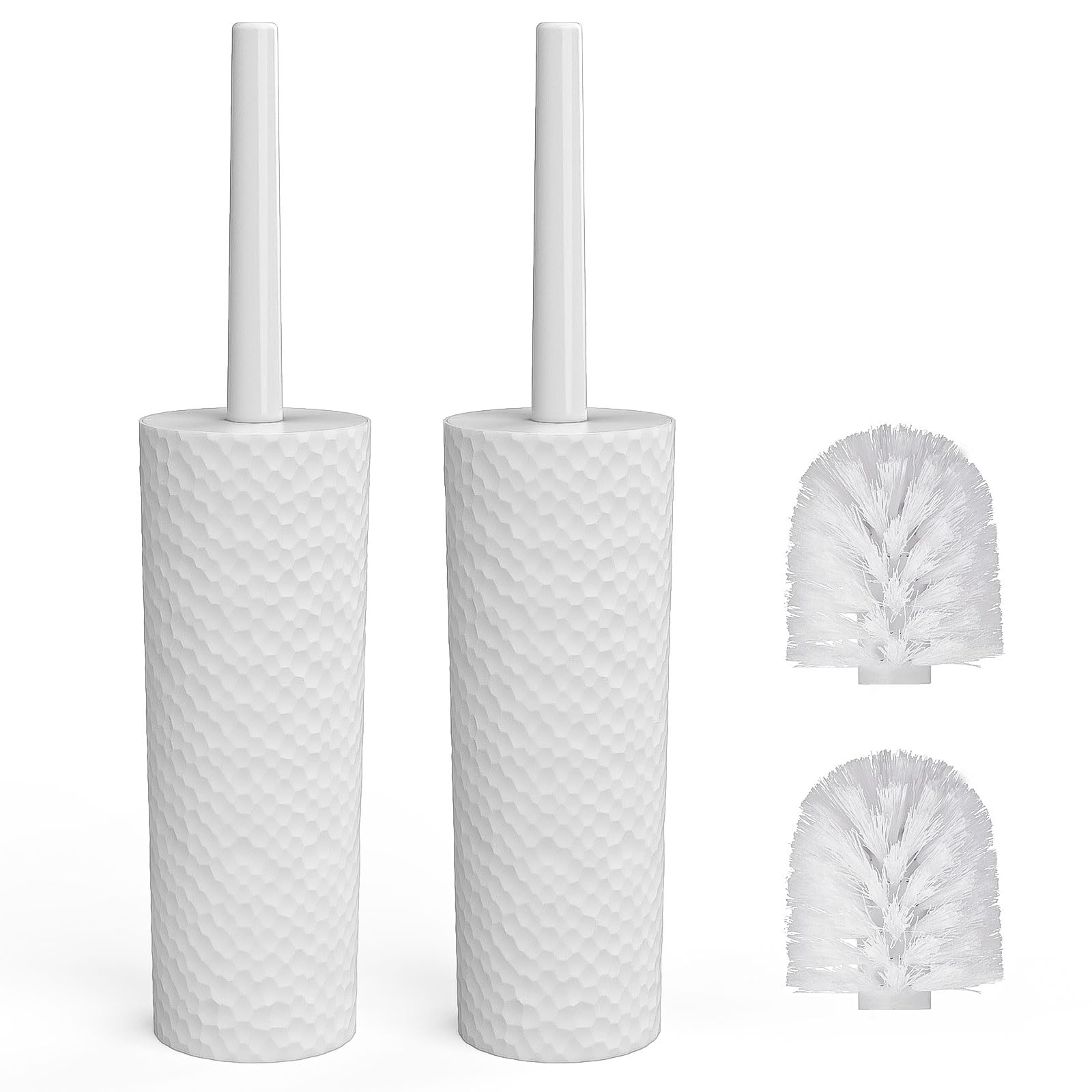 Toilet Brush, 2 Pack Toilet Brushes & Holders Sets with Plastic Handle and Soft Flexible Bristles, 4 Toilet Brush Heads for Bathroom Toilet-Ergonomic, Elegant, Durable Loo Brush (White)