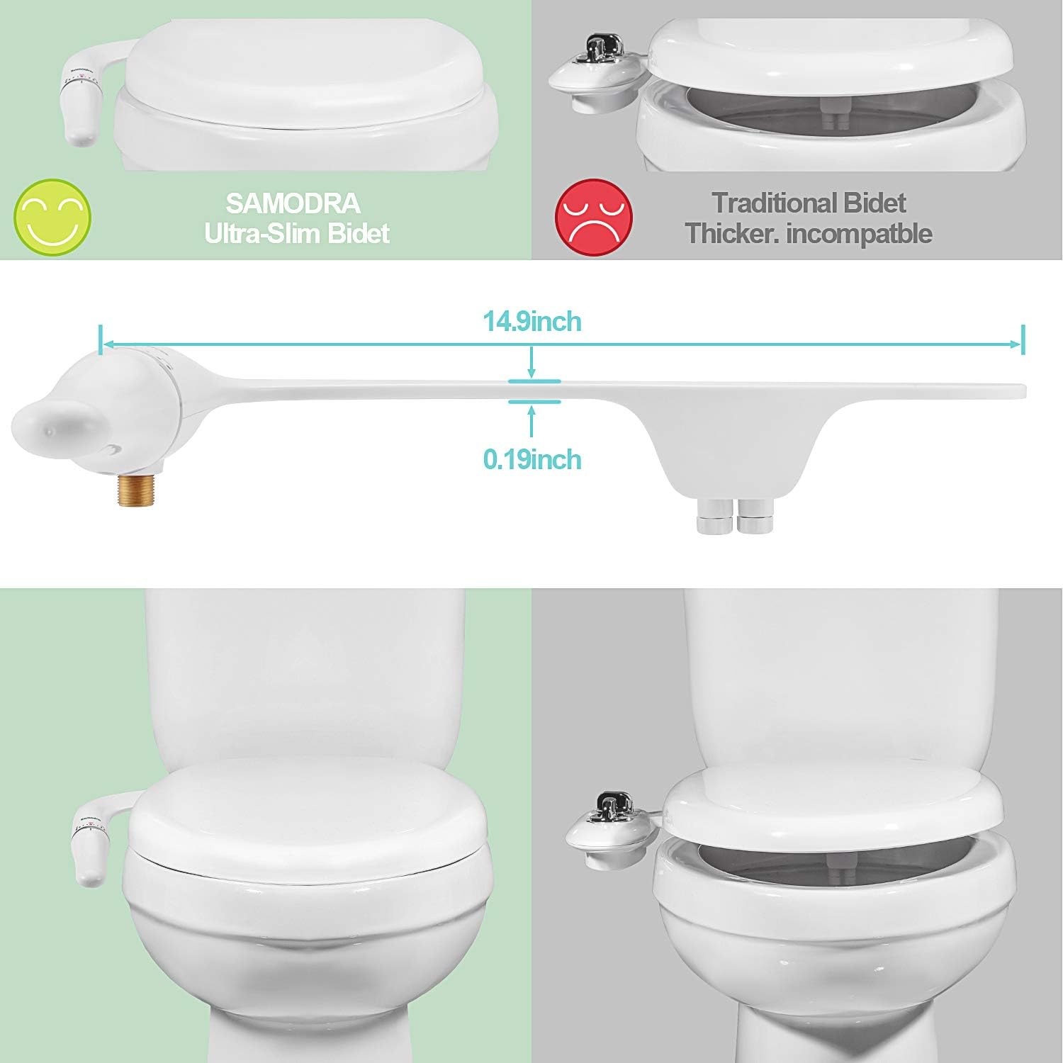 SAMODRA Ultra-Slim Bidet Attachment, Non-Electric Dual Nozzle (Frontal & Rear Wash) Adjustable Water Pressure Fresh Water Bidet Toilet Seat Attachment with Brass Inlet, Easy to Install (White) - - 
